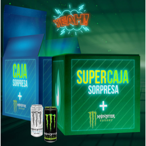 Caja sorpresa + 2× latas de Monster (1 por pedido)